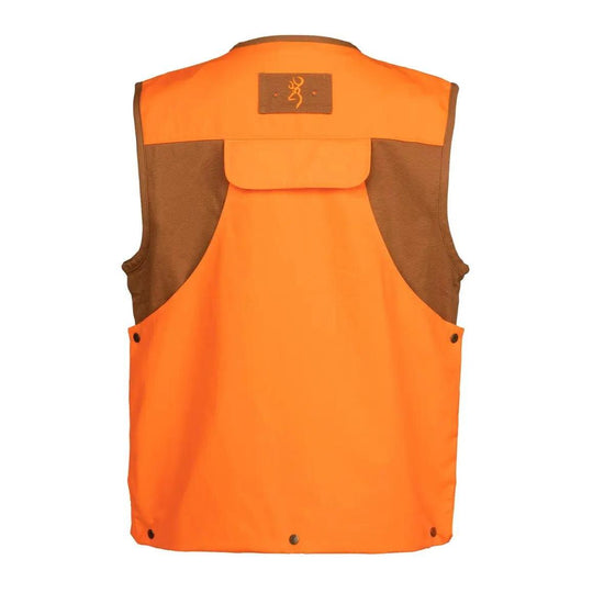 Browning upland canvas vest in brown and blaze orange with a rear game bag and embroidered logo patch.