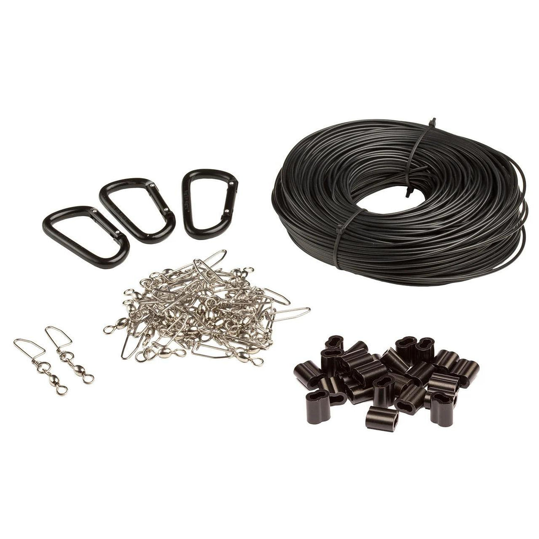 Rig 'Em Right DIY decoy anchor kit with black monofilament line, stainless steel swivels, aluminum crimps, and carabiners.