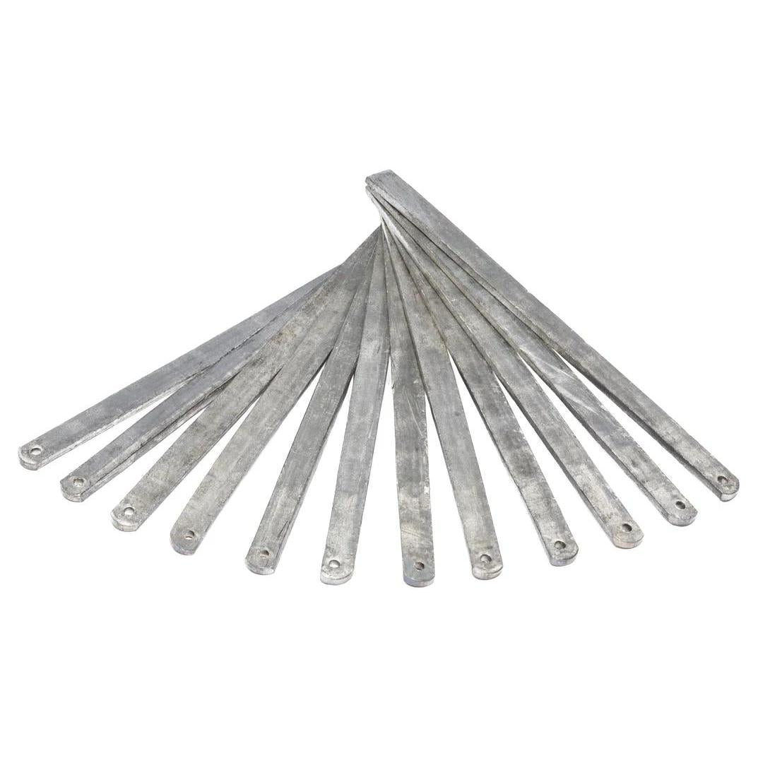 Twelve flexible, silver-toned metal strap weights for duck decoy anchors arranged in a fan shape on a white background.