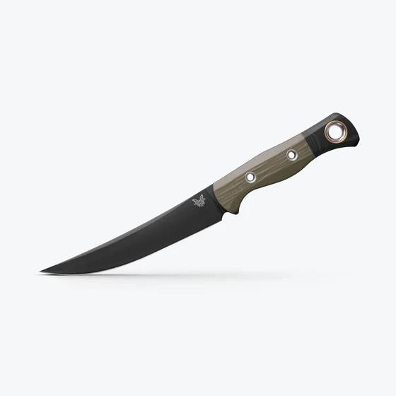 Benchmade Meatcrafter fixed blade knife with a black CPM-154 steel blade and textured olive green handle.
