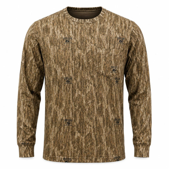 Long sleeve camo T-shirt in Mossy Oak Bottomland print with a chest pocket and breathable polyester fabric.