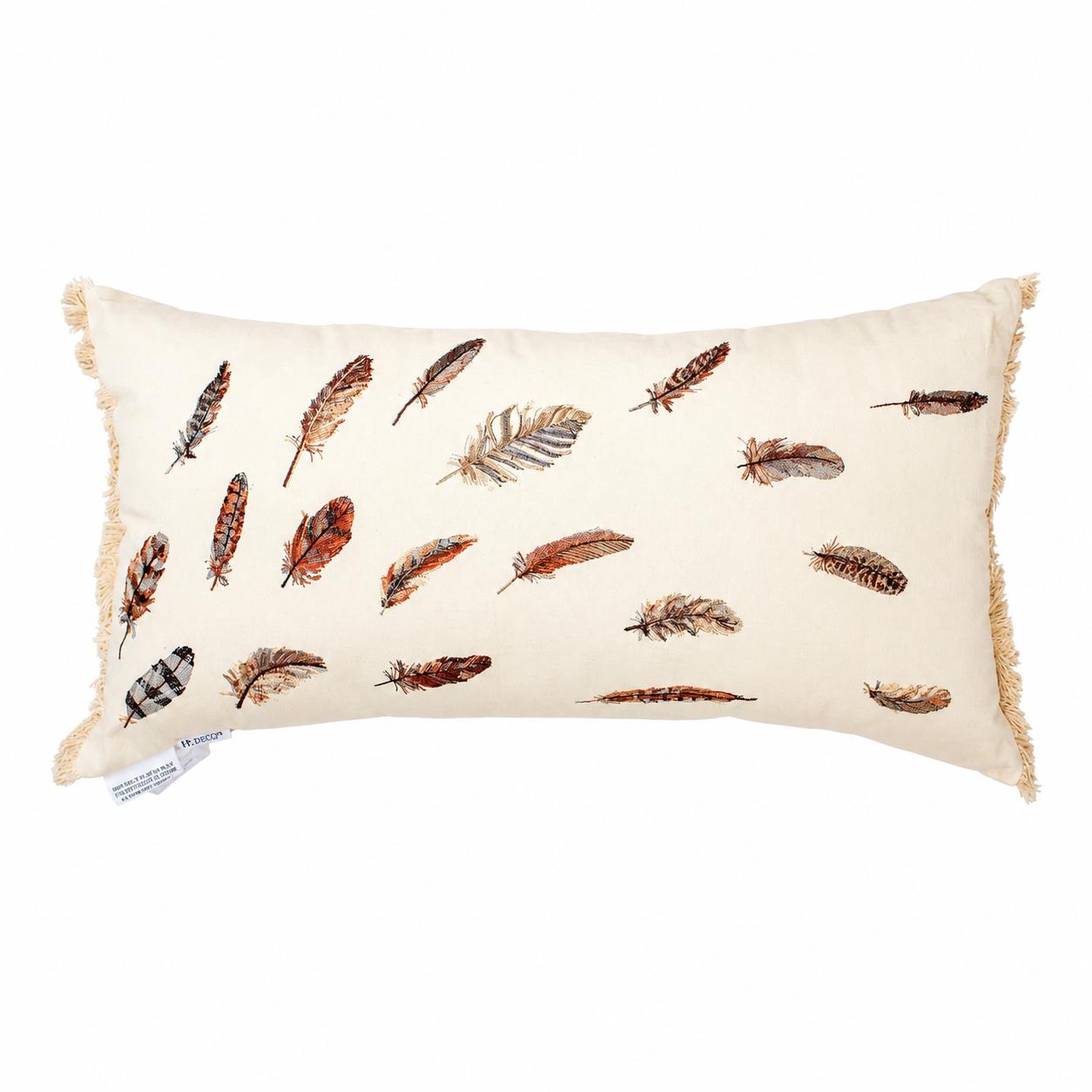 An off-white rectangular lumbar pillow with fringed edges, decorated with a pattern of various brown, orange, and gray feathers, shown on a plain white background.