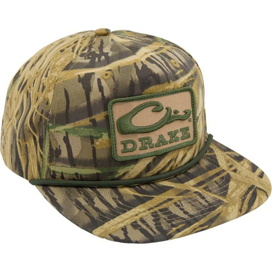 Drake X Lost camo snapback cap with a green paracord rope detail and embroidered Drake logo patch on the front.
