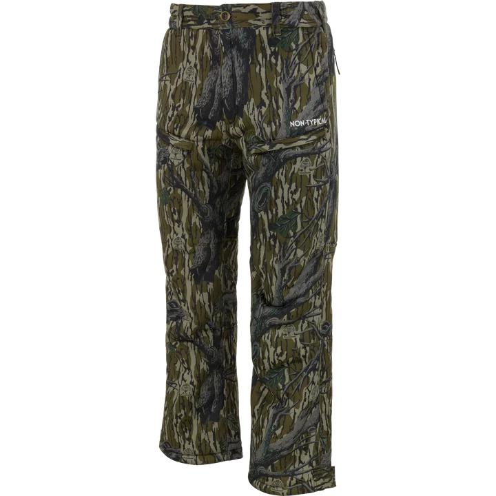 Drake Non-Typical Midweight Nova Silencer hunting pants in camo print with zippered pockets and adjustable ankles.