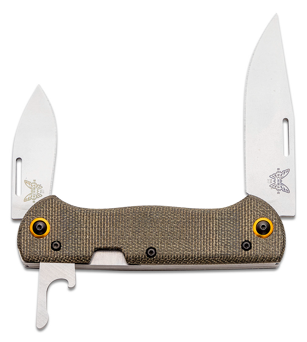 A folding pocket knife with two silver stainless steel blades fully extended, featuring a textured tan-brown G10 handle with bright orange accent screws and a silver bottle opener tool attached to the underside.