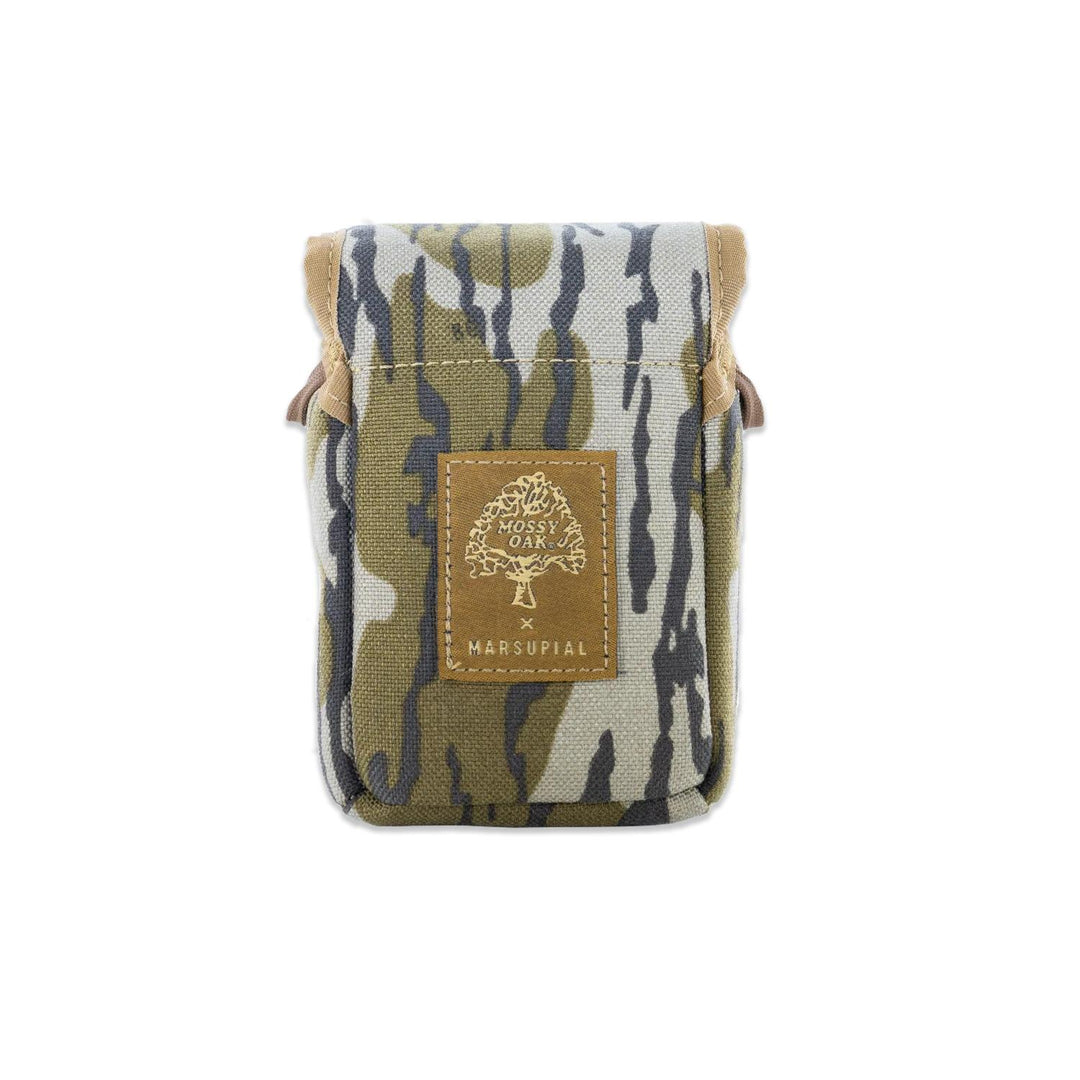 A small canvas pouch with a green, beige, and gray camouflage pattern, featuring a brown leather patch on the front with a gold tree logo and the text 'MARSUPIAL'.