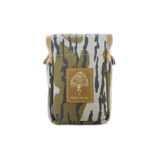 A small canvas pouch with a green, beige, and gray camouflage pattern, featuring a brown leather patch on the front with a gold tree logo and the text 'MARSUPIAL'.