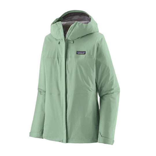 Green raincoat with a visible brand logo on a white background