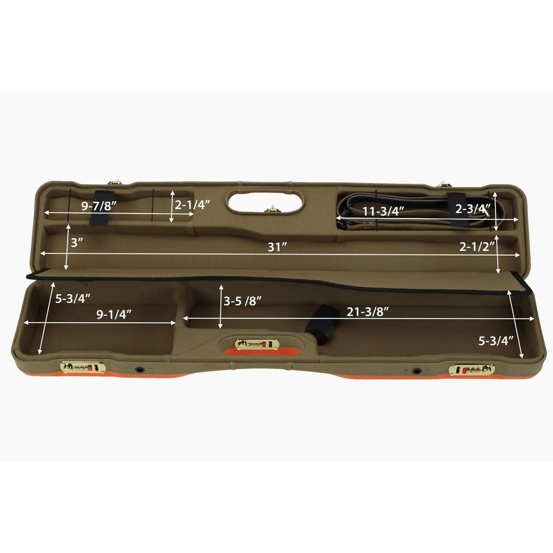 Open Negrini Uplander shotgun case with tan interior, TSA locks, and detailed dimensional measurements for storage.
