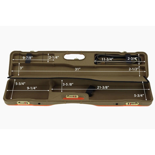 Open Negrini Uplander shotgun case with tan interior, TSA locks, and detailed dimensional measurements for storage.