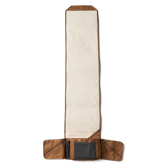 Unrolled brown CORDURA gun cleaning kit with a soft sherpa fleece workspace and organized storage pockets.