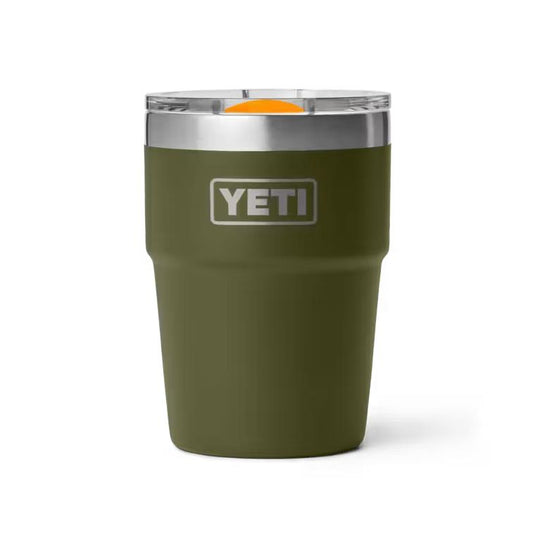 Olive green YETI Rambler 16 oz stackable cup with stainless steel rim and clear MagSlider lid on a white background.
