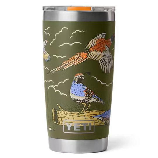Olive green YETI 20 oz Rambler tumbler featuring a colorful pheasant and quail wildlife print with a MagSlider lid.