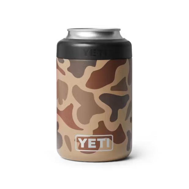 YETI Rambler 12 oz Colster can insulator in brown camouflage print with a black Load-and-Lock gasket on a white background.