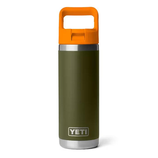 Olive green 18 oz YETI Rambler water bottle with a bright orange straw cap and integrated Triple Haul handle.