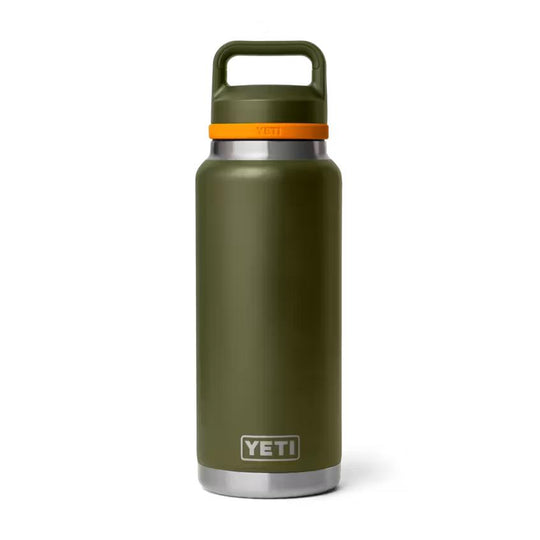 Olive green YETI Rambler 36 oz stainless steel bottle with a TripleHaul handle and orange chug cap accent.