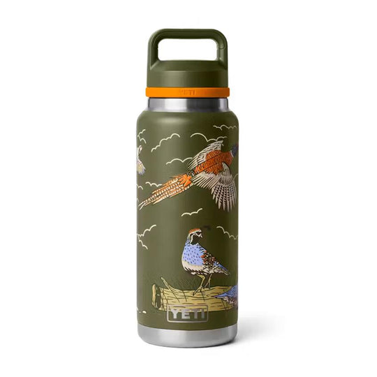 Olive green YETI Rambler 36 oz bottle with a pheasant and quail print, orange chug cap, and stainless steel base.