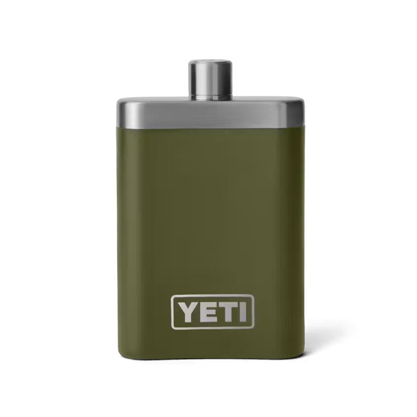 Olive green 7 oz. Yeti stainless steel flask with a brushed metal cap and logo detail.