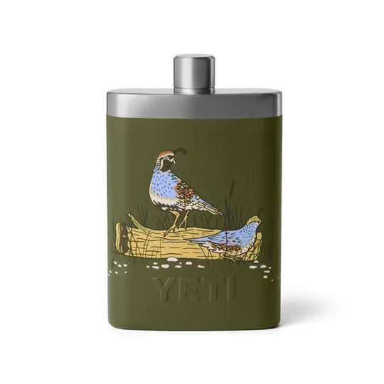 Olive green 7 oz. Yeti stainless steel flask featuring a quail illustration and a leakproof silver cap.