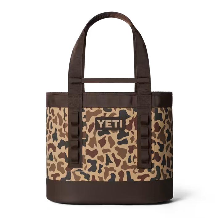 YETI Camino Carryall 35 tote in brown camo print with durable waterproof material, sturdy handles, and gear loops.