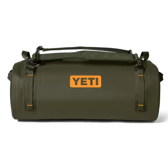 Olive green YETI Panga 50L submersible duffel bag with a durable ThickSkin shell and orange logo on a white background.