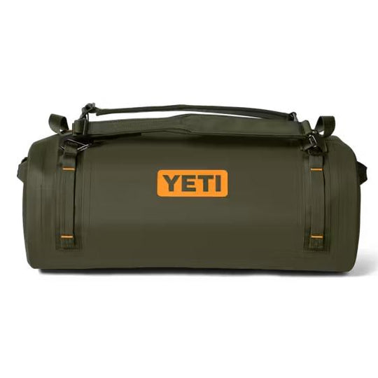Olive green YETI Panga 50L submersible duffel bag with a durable ThickSkin shell and orange logo on a white background.