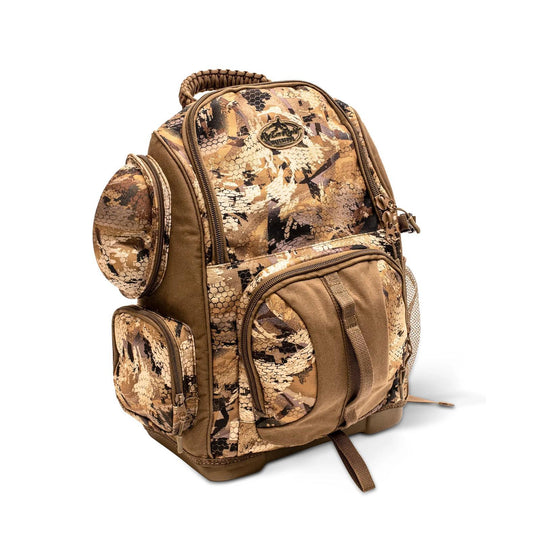 Rig 'Em Right Lowdown floating backpack in camo print with a molded EVA bottom, multiple storage pockets, and paracord handle.
