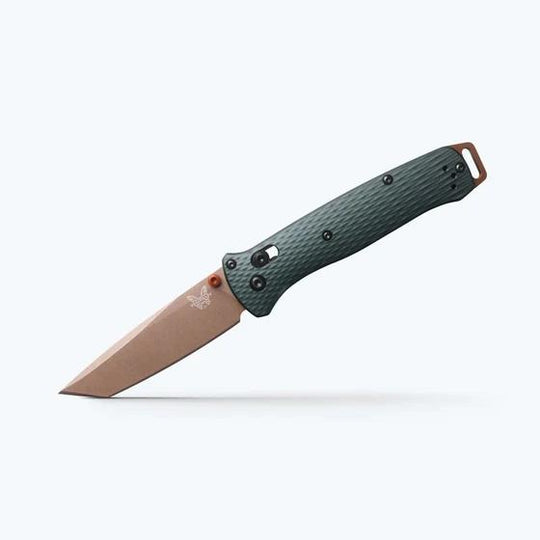 Benchmade Bailout folding knife with a bronze tanto blade, textured green Grivory handle, and aluminum pommel.