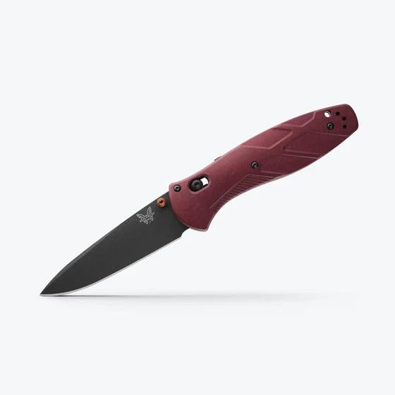 Benchmade Barrage assisted-opening knife with a black drop-point blade and textured maroon handle.