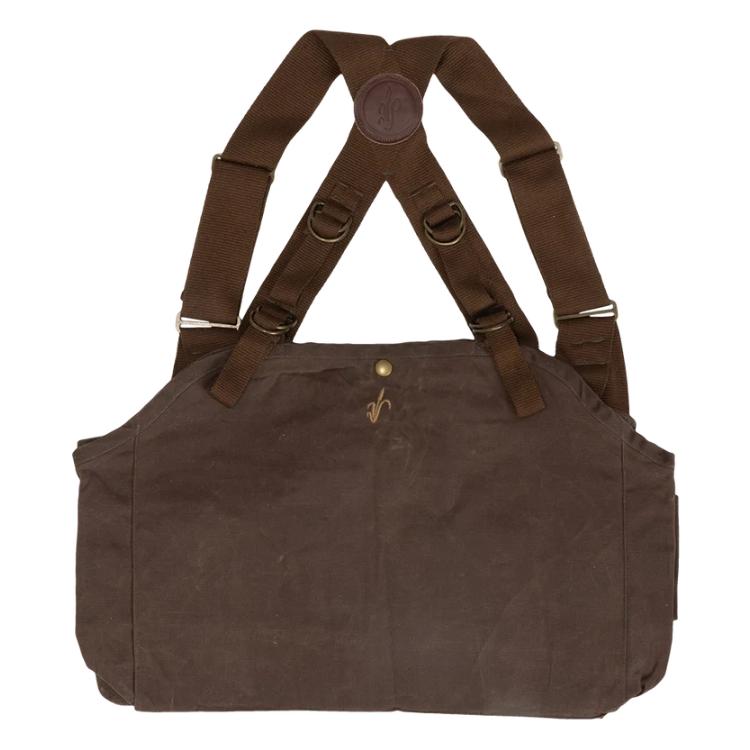 A dark brown canvas shoulder bag with adjustable webbing straps, metal D-rings, and a small gold logo on the front, shown against a plain white background.
