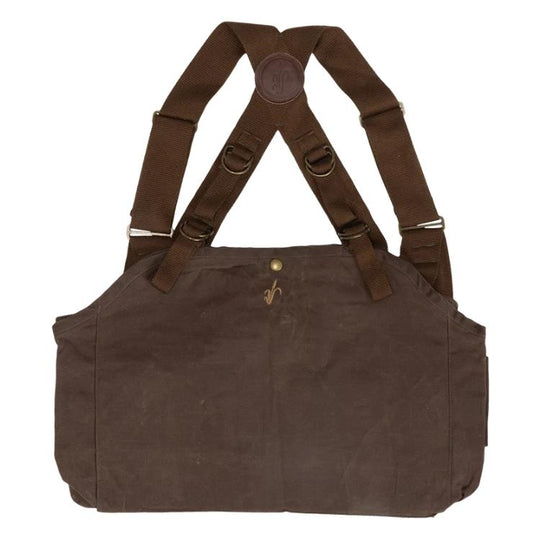 A dark brown canvas shoulder bag with adjustable webbing straps, metal D-rings, and a small gold logo on the front, shown against a plain white background.
