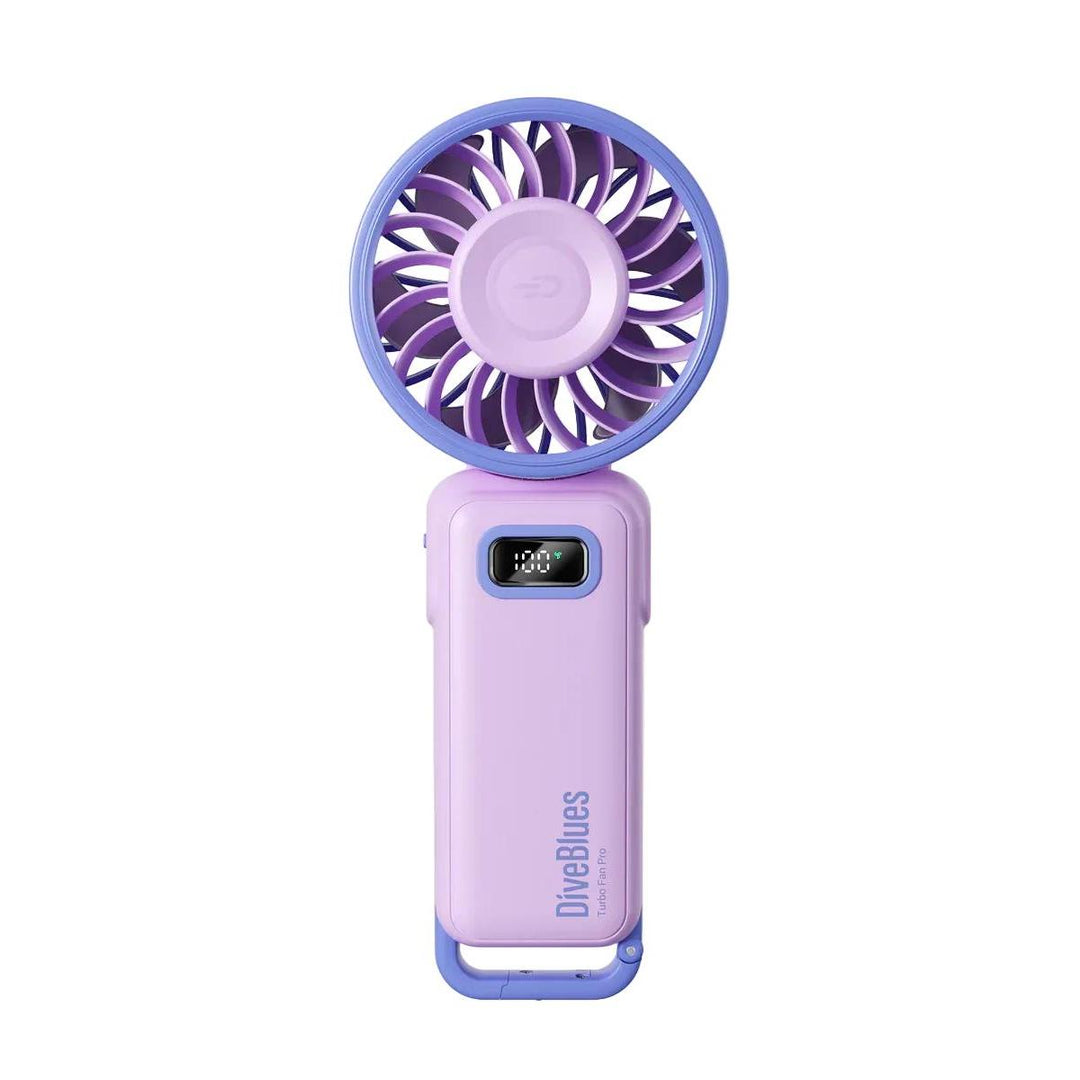 Purple handheld fan with a digital display on a white background