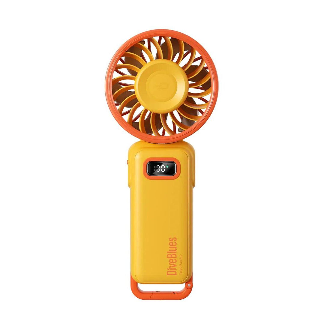 Yellow and orange handheld fan on a white background