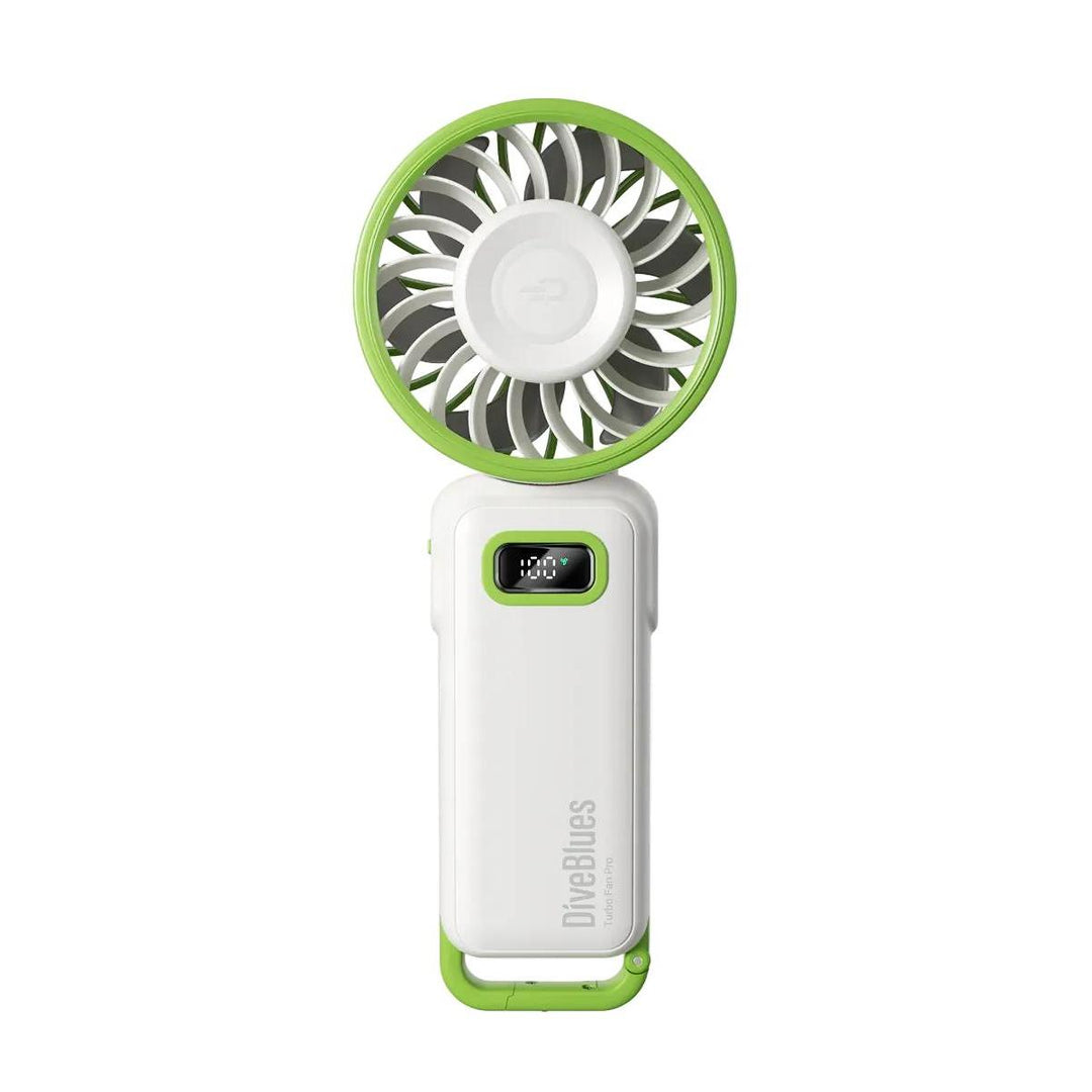Handheld fan with green accents on a white background