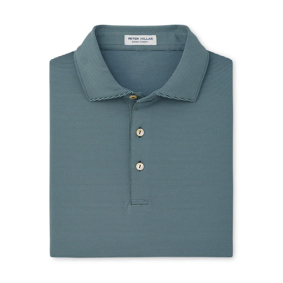 Peter Millar performance jersey polo in blue with thin horizontal stripes, a self-fabric collar, and a three-button placket.