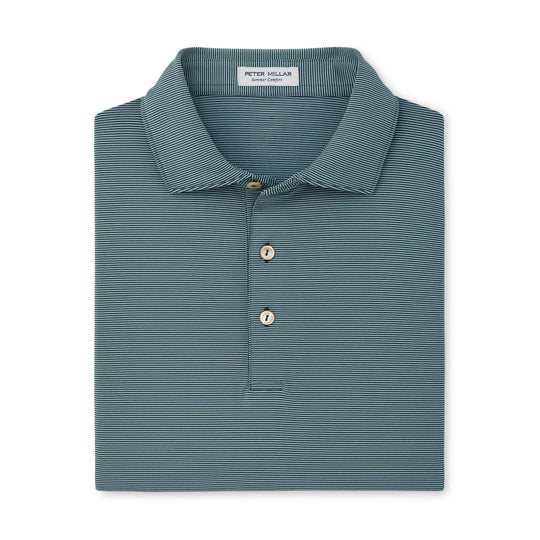 Peter Millar performance jersey polo in blue with thin horizontal stripes, a self-fabric collar, and a three-button placket.