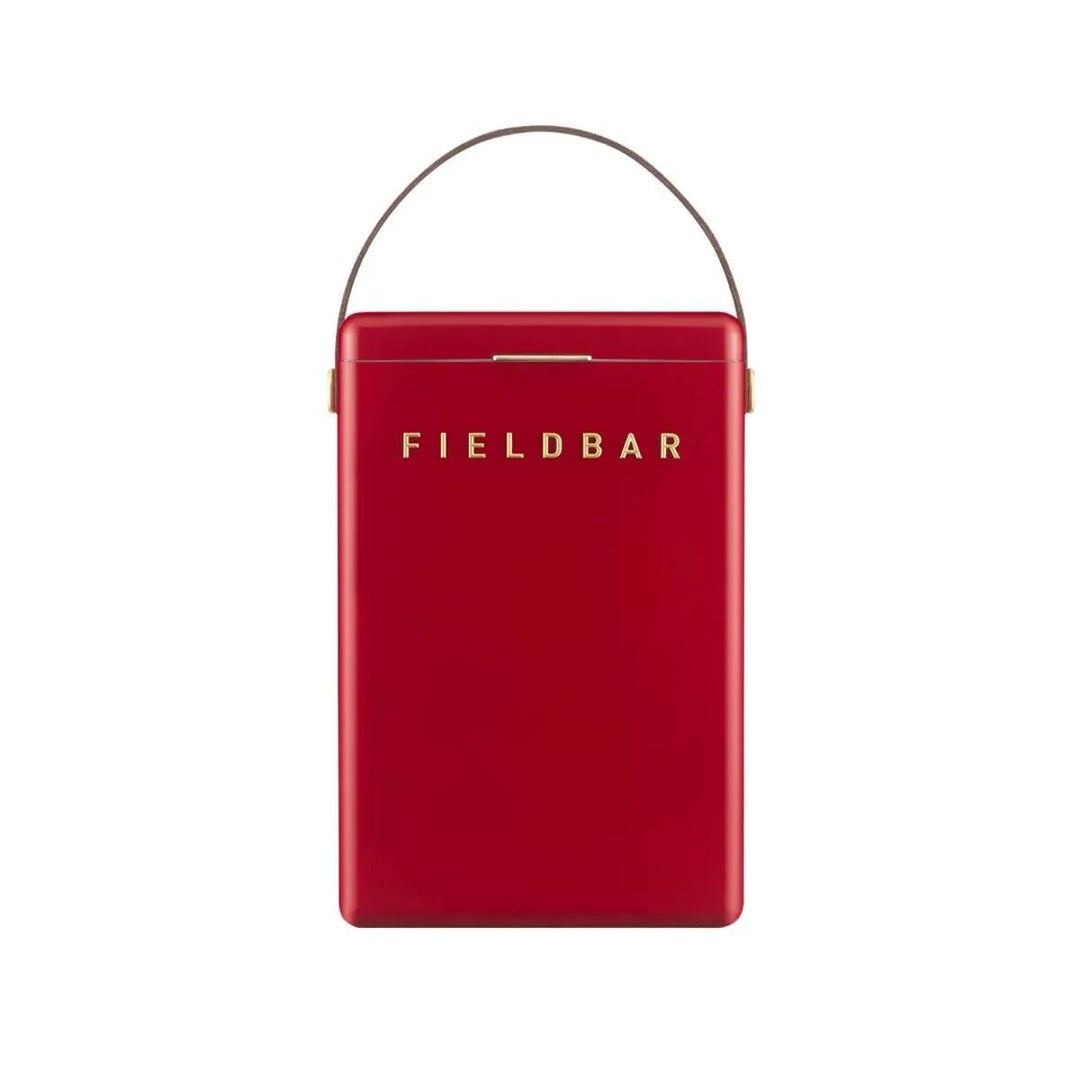 Red Fieldbar Drinks Box Mk II hardcase cooler with a brown leather handle and gold lettering on a white background.