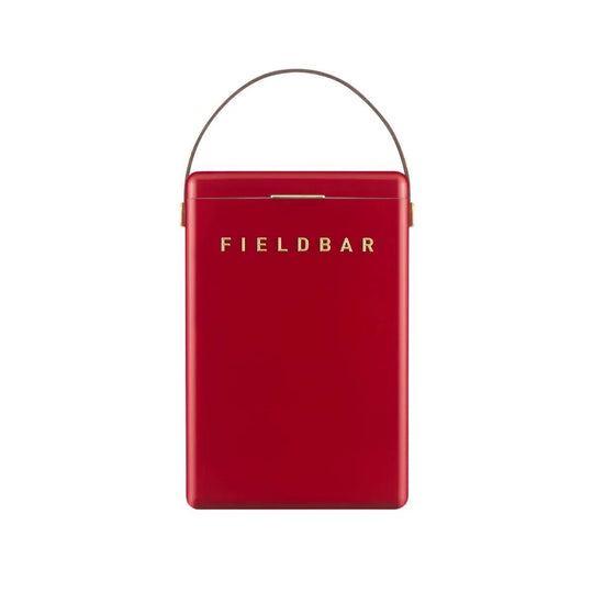 Red Fieldbar Drinks Box Mk II hardcase cooler with a brown leather handle and gold lettering on a white background.
