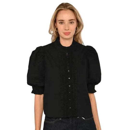 Black Zinny top with puff sleeves, button-front closure, and delicate trim detailing in a crisp cotton fabric.