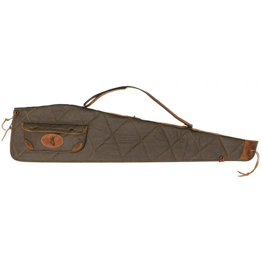 Browning quilted olive canvas rifle case with aged leather trim, shoulder strap, and side storage pocket.
