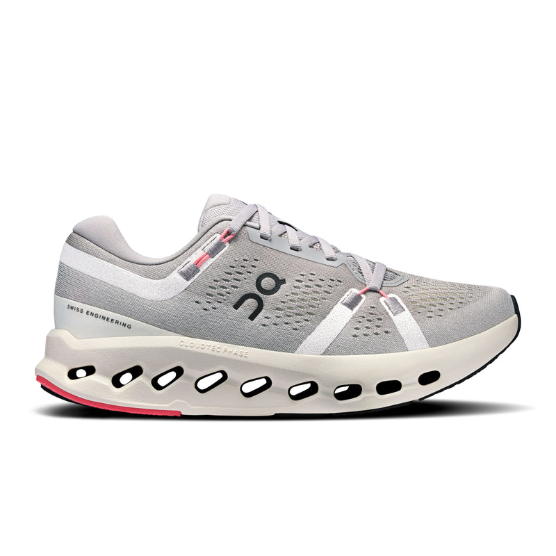 Women's On Cloudsurfer 2 running shoe in grey with white CloudTec Phase midsole, breathable mesh, and pink accents.