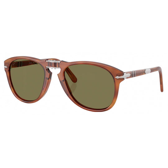 Persol Steve McQueen folding sunglasses in brown acetate with a classic pilot frame and polarized green lenses.