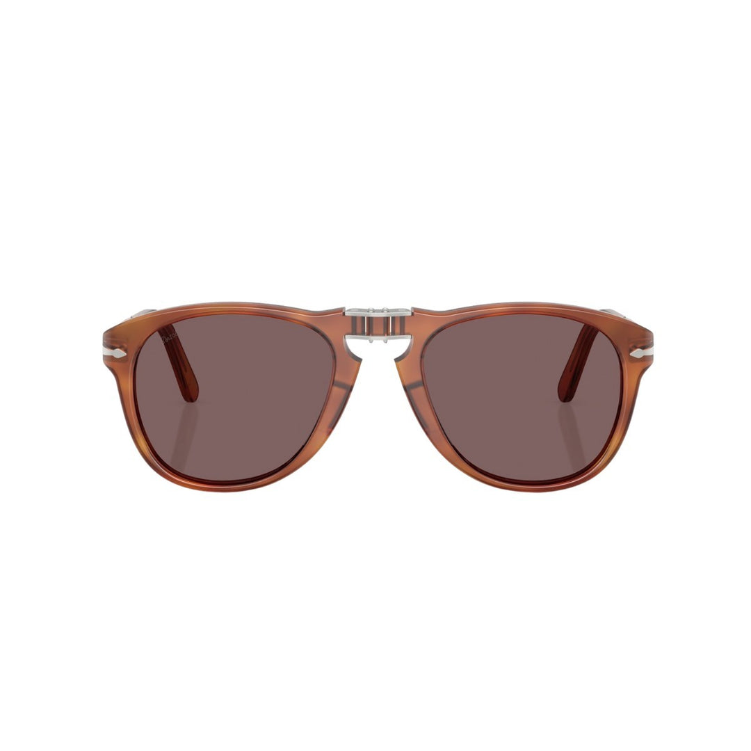 Persol Steve McQueen folding sunglasses with brown acetate pilot frames and polarized lenses.