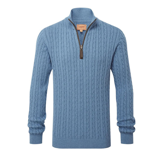 Blue Schoffel cable knit quarter-zip jumper in cotton-cashmere blend with brown Alcantara trim and leather zip pull.