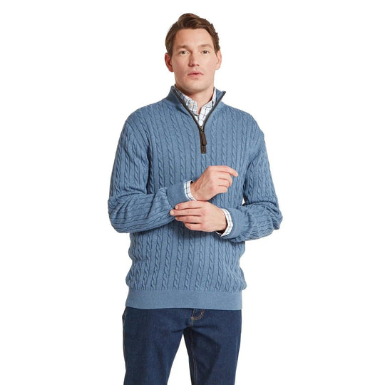 Blue Schoffel cotton-cashmere cable knit quarter-zip jumper with Alcantara trim and leather branded zip pull.