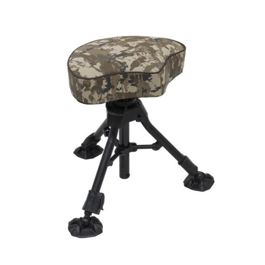 A hunting stool with a camouflage-patterned seat cushion and a black adjustable tripod base, shown against a plain white background.