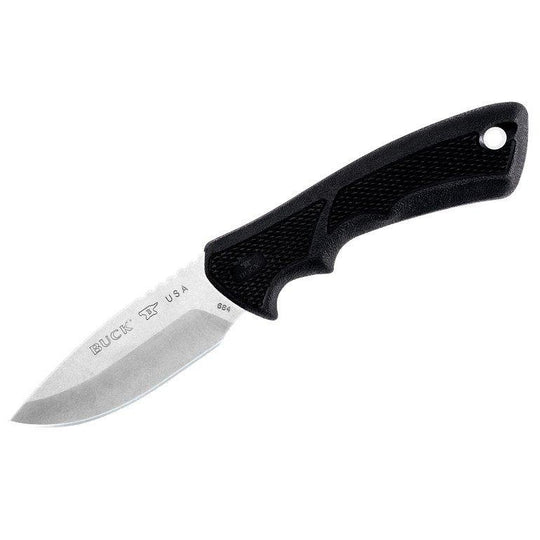 Buck BuckLite Max 2 drop point knife with a tumbled steel blade and ergonomic black Dynaflex rubber handle.