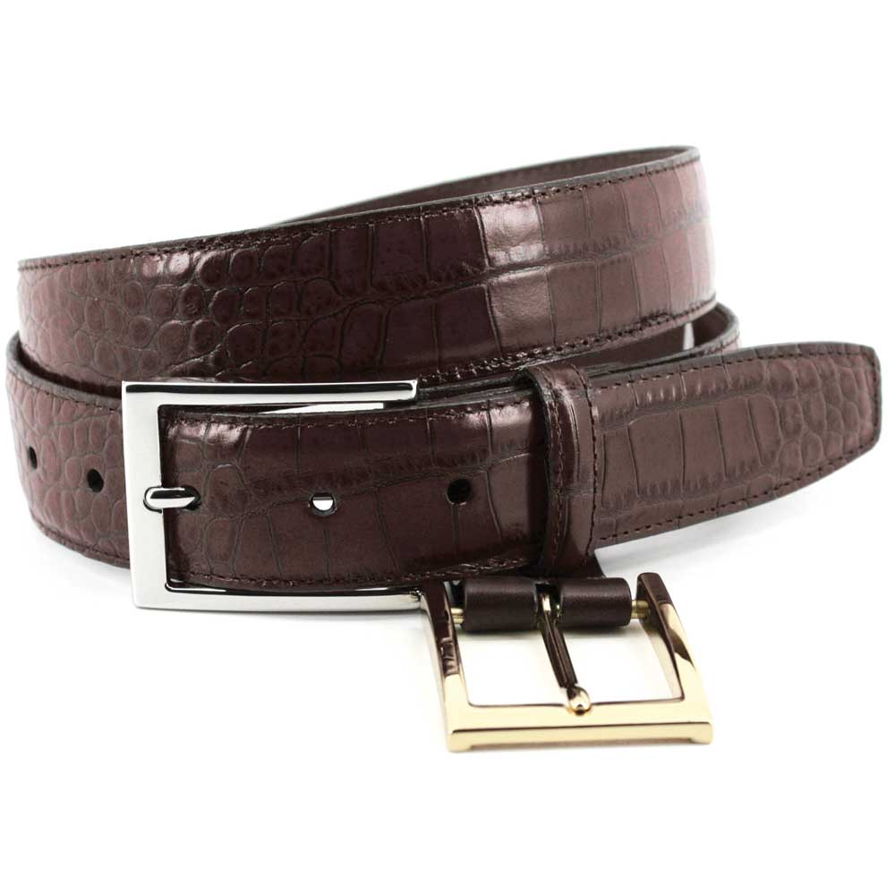 2 Buckle Embossed Calf Leather Belt-Men's Accessories-BROWN-32-Kevin's Fine Outdoor Gear & Apparel