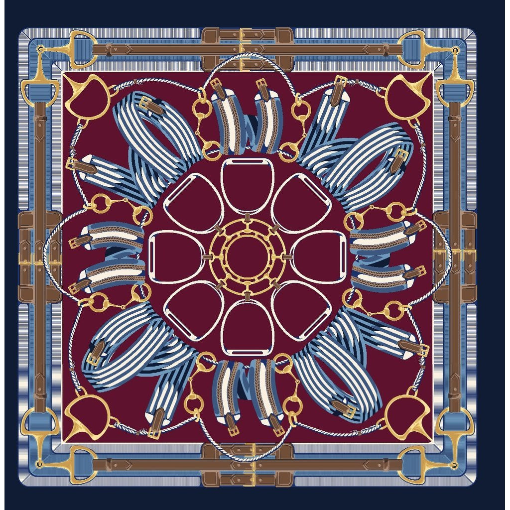 Square silk twill scarf in burgundy and blue with a symmetrical equestrian pattern of stirrups, reins, and gold bits.