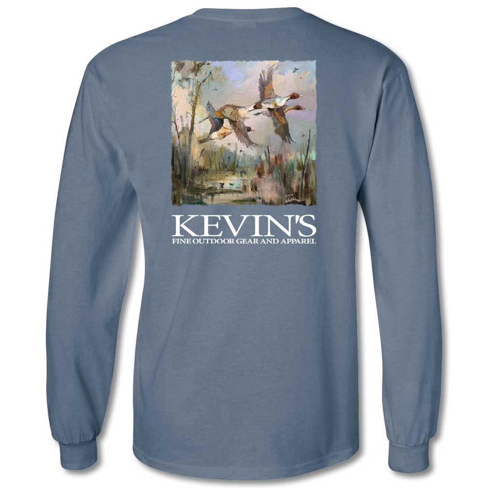 Blue long-sleeve Comfort Colors t-shirt featuring Dirk Walker pintail duck artwork on the back and Kevin's branding.
